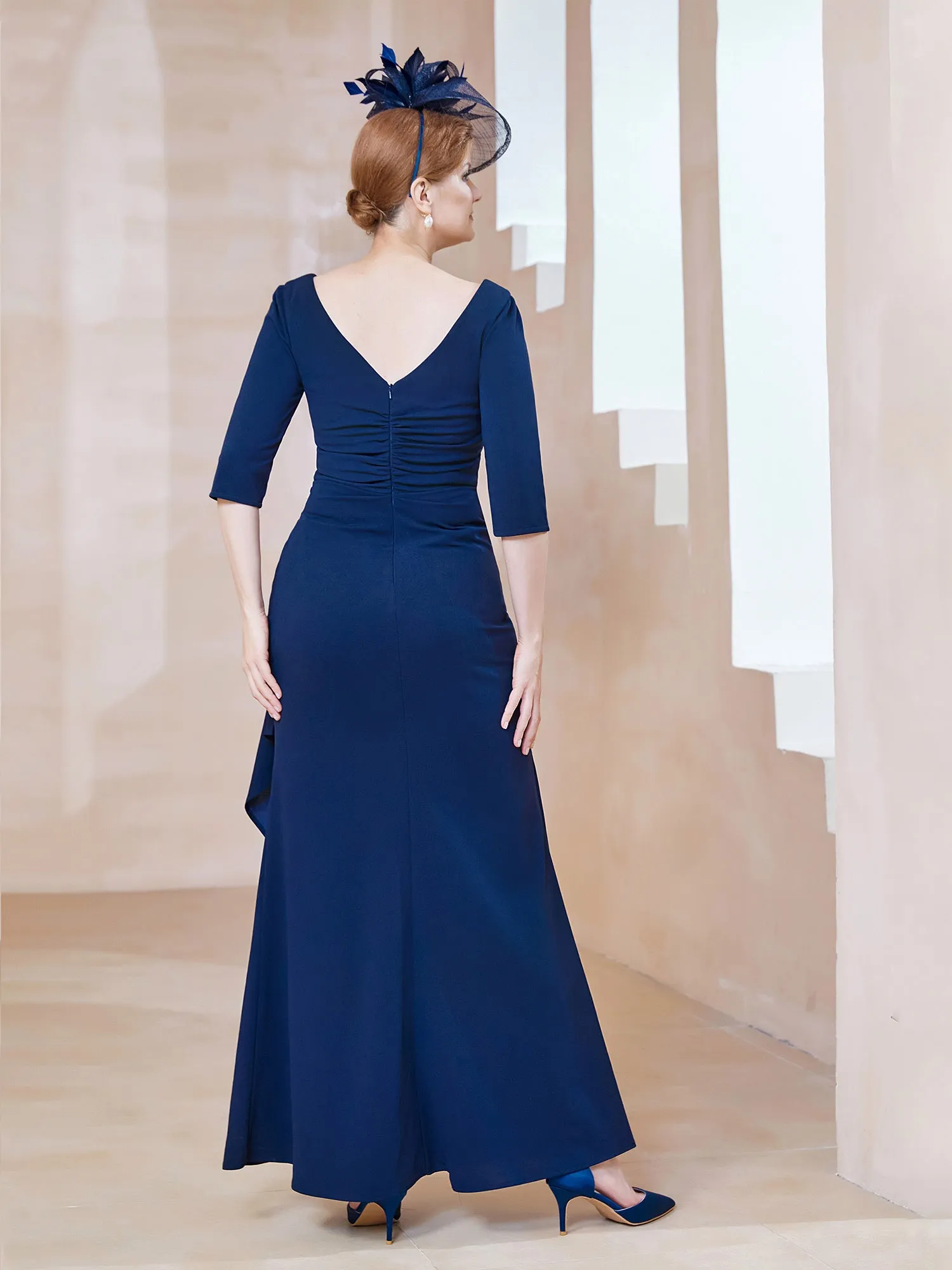 A-line Floor-Length Chiffon Pleated Dress Navy Blue