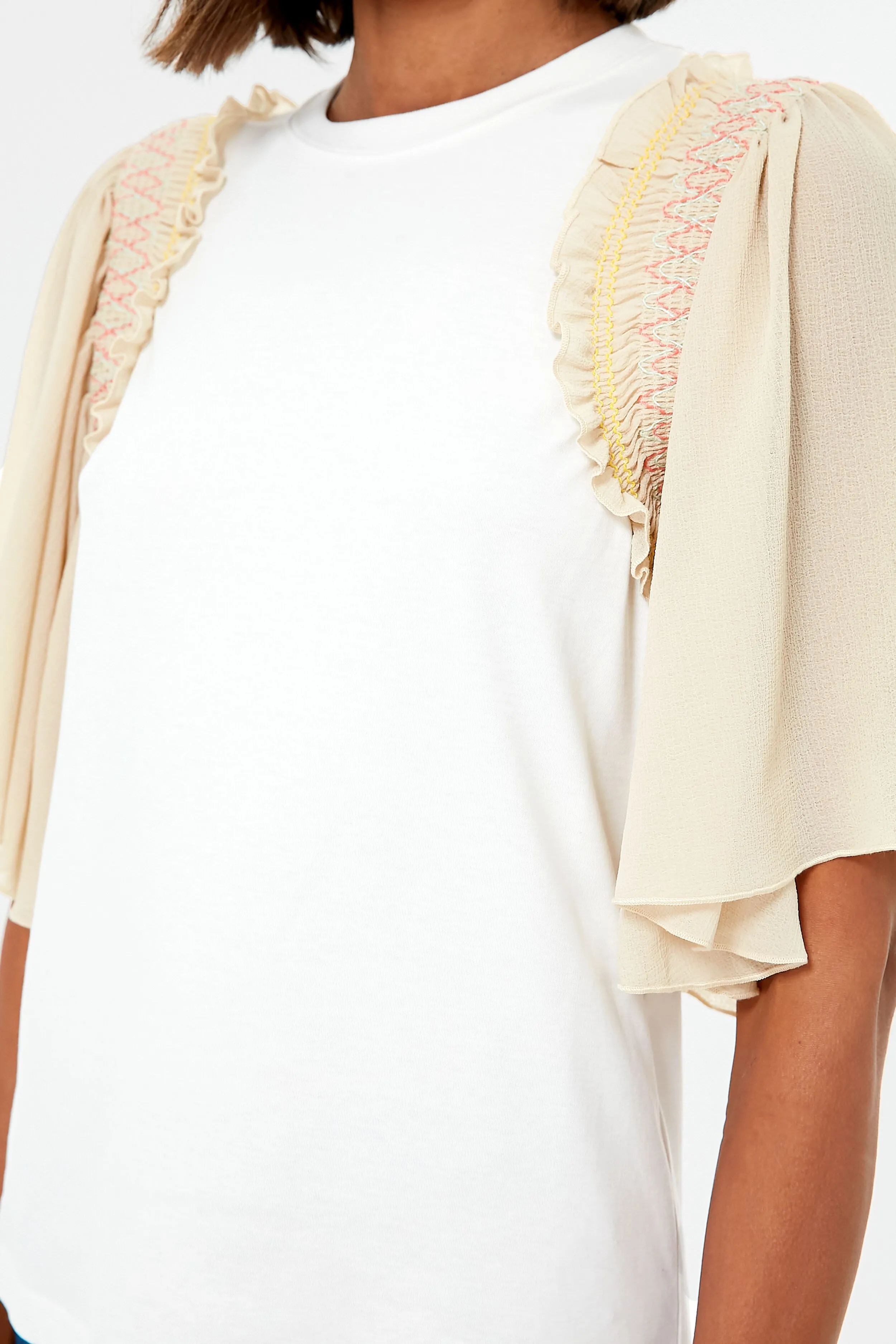 Crystal White Smocked Sleeve Embellished Tee