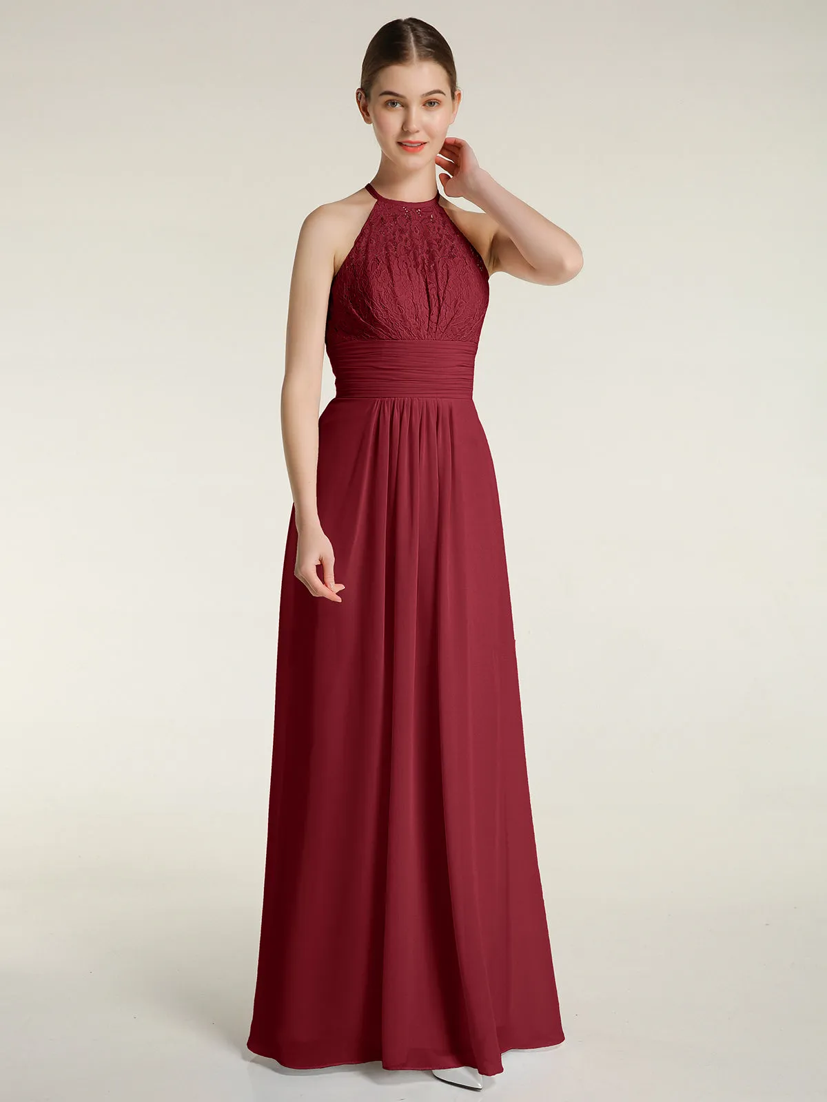 Halter Chiffon And Lace Long Dresses Burgundy