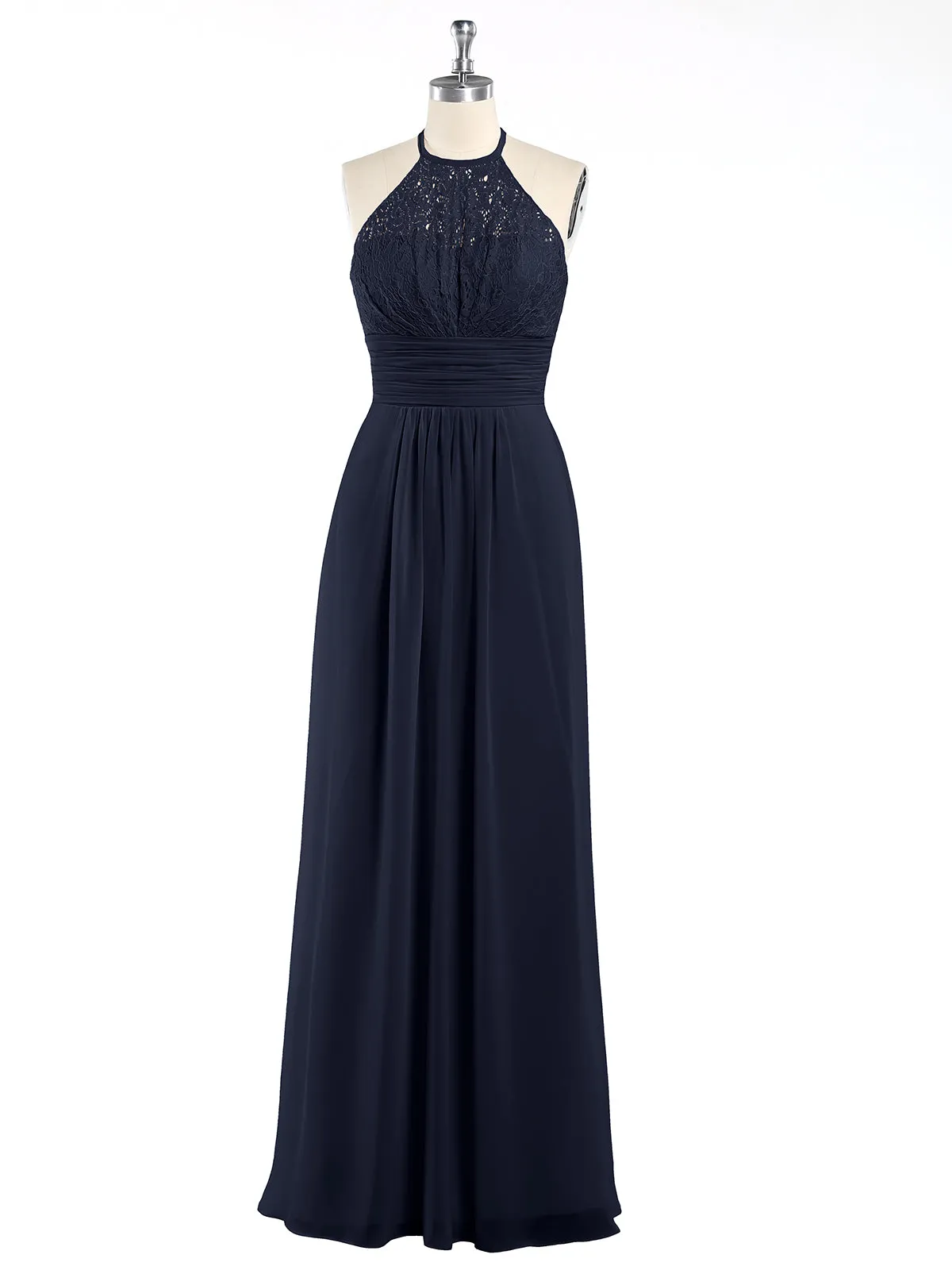 Halter Chiffon And Lace Long Dresses Dark Navy