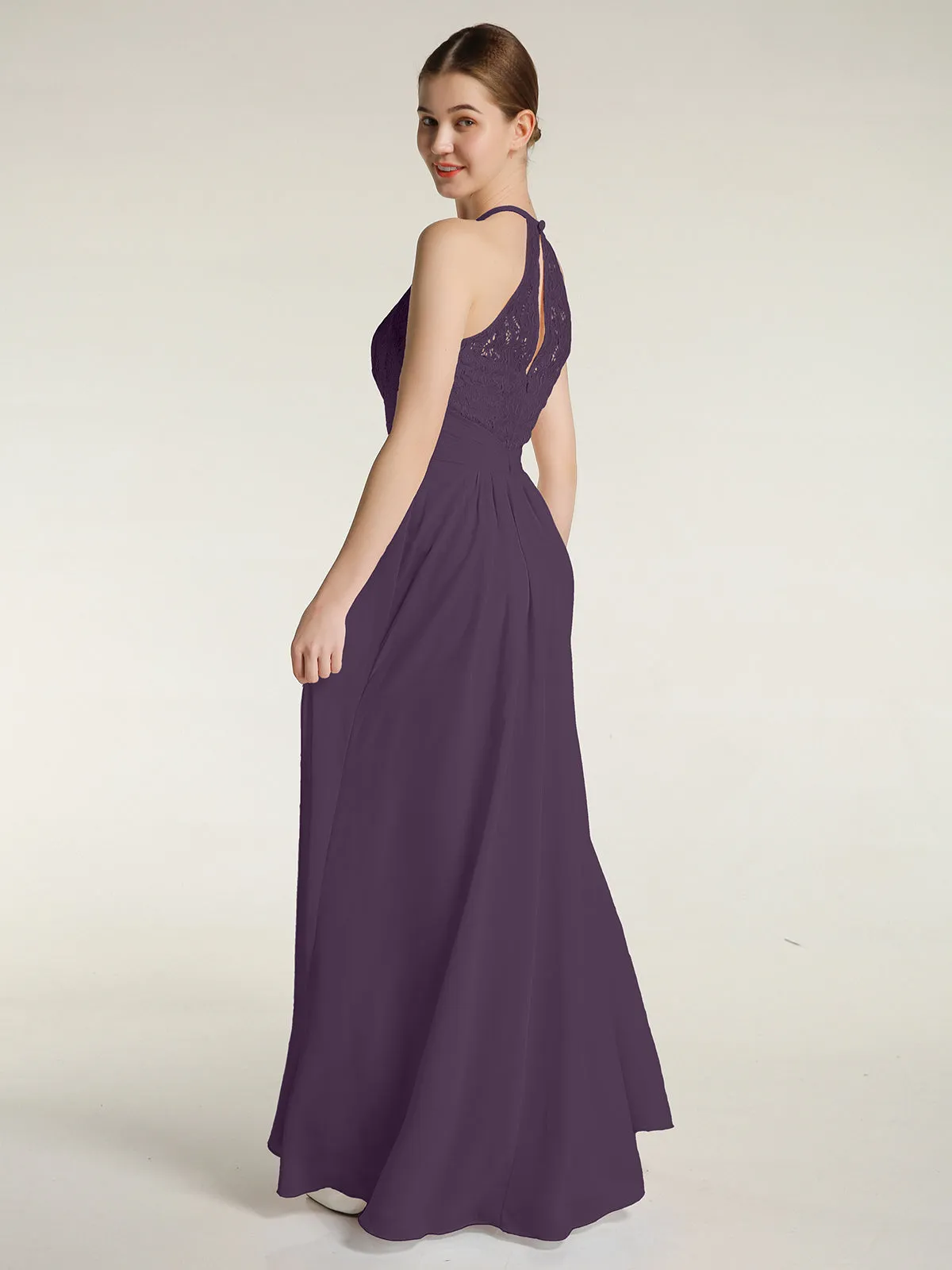 Halter Chiffon And Lace Long Dresses Plum Plus Size