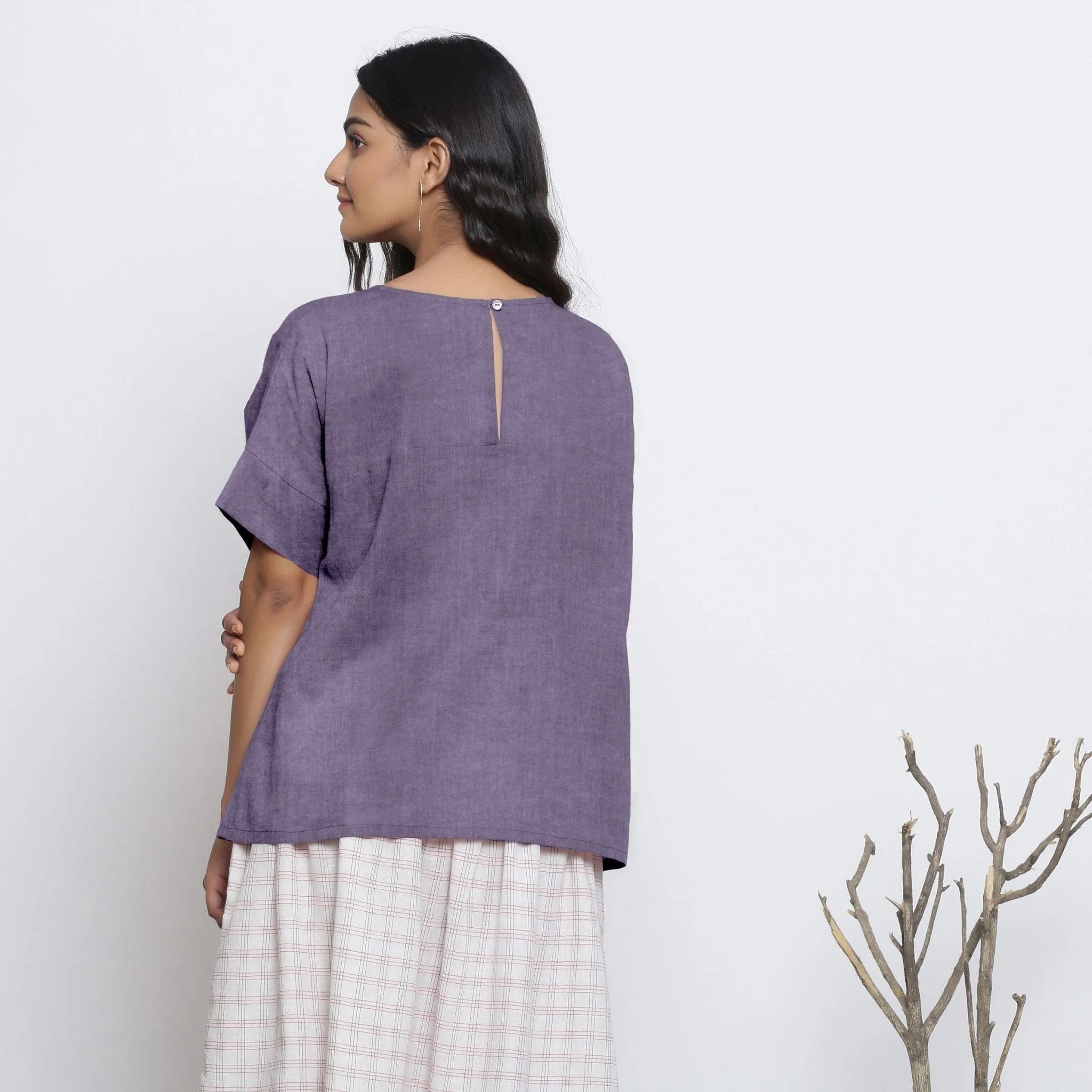 Lavender Round Neck Linen Loose Gathered Yoke Top